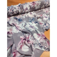 Szary szyfon cienka tkanina na sukienki - białe kwiaty amarylis